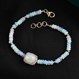 Ethiopian Welo Opal and White Zircon Beaded 20.32 ctw Bracelet in Vermeil Yellow Gold Over Sterling Silver (7.00 In)