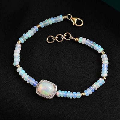 Ethiopian Welo Opal and White Zircon Beaded 20.32 ctw Bracelet in Vermeil Yellow Gold Over Sterling Silver (7.00 In)
