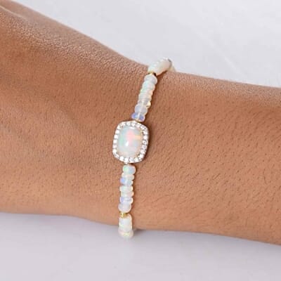 Ethiopian Welo Opal and White Zircon Beaded 20.32 ctw Bracelet in Vermeil Yellow Gold Over Sterling Silver (7.00 In)
