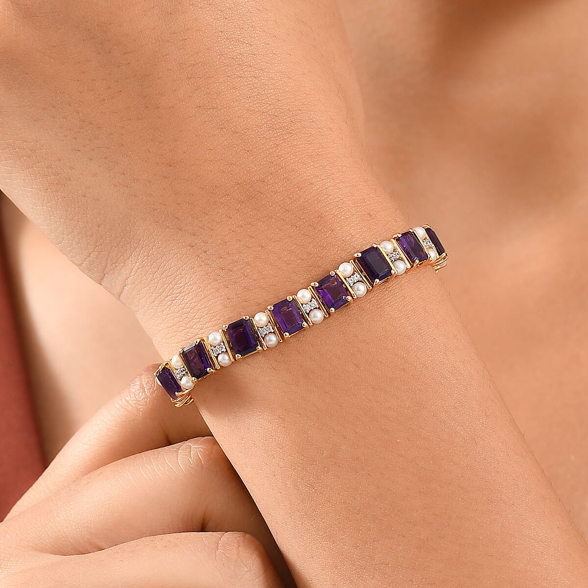 GP Royal Art Deco Collection African Amethyst and Multi Gemstone 18.00 ctw Bracelet in Rhodium Over Sterling Silver (7.25 In) image number 3