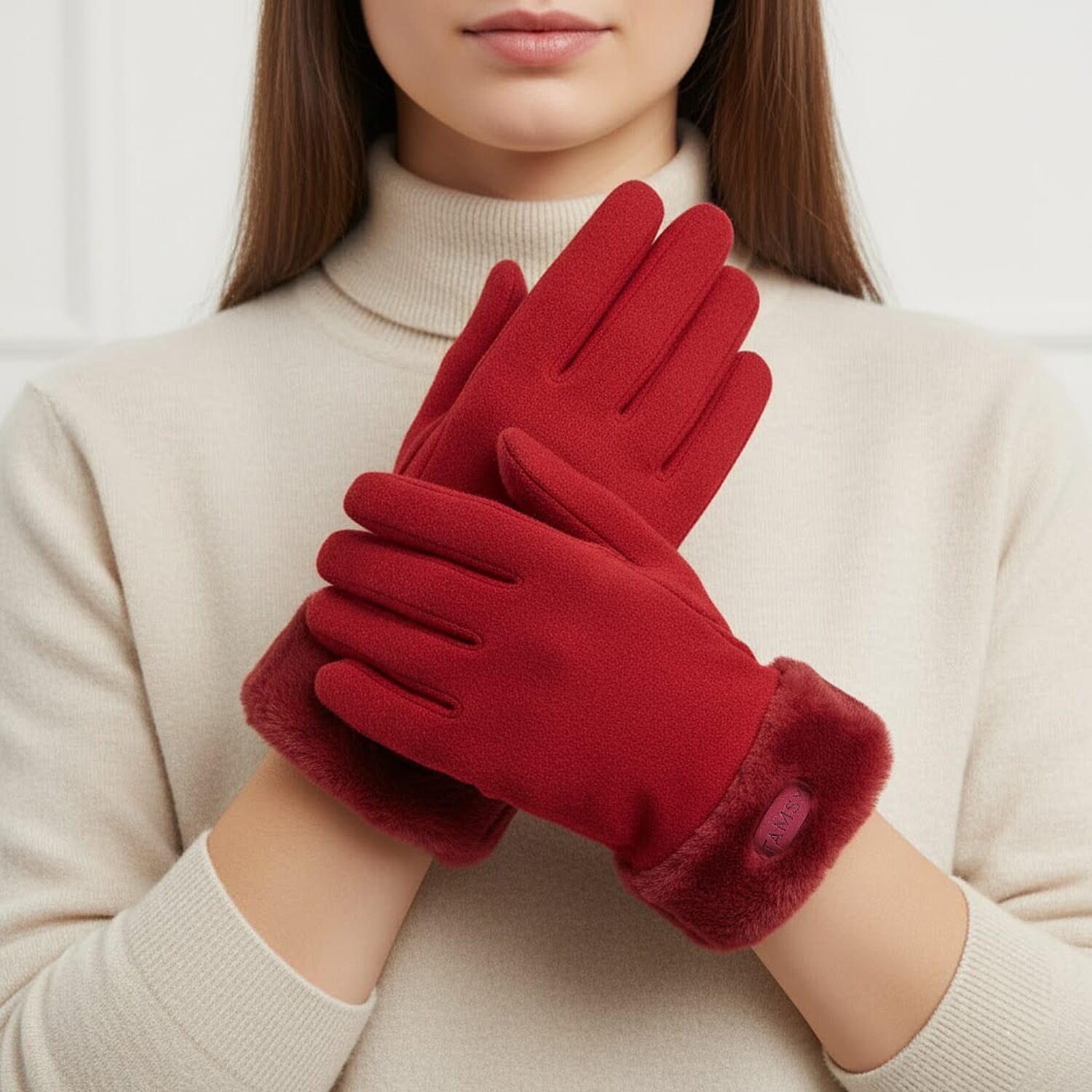  Tamsy Wine Cashmere Wool Gloves with Fur Cuff and Two Finger Screen Touch