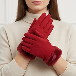 Doorbuster Tamsy Wine Cashmere Wool Gloves with Fur Cuff and Two Finger Screen Touch