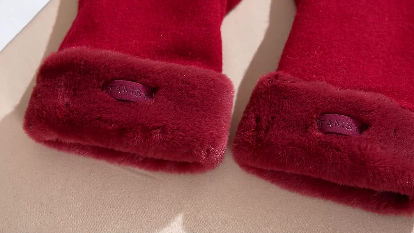 Tamsy Wine Cashmere Wool Gloves with Fur Cuff - L