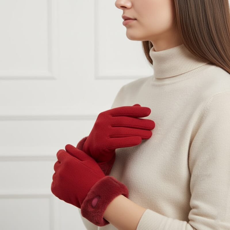 La Marey Wine Cashmere Wool Gloves with Fur Cuff and Two Finger Screen Touch