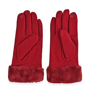 Doorbuster Tamsy Wine Cashmere Wool Gloves with Fur Cuff and Two Finger Screen Touch