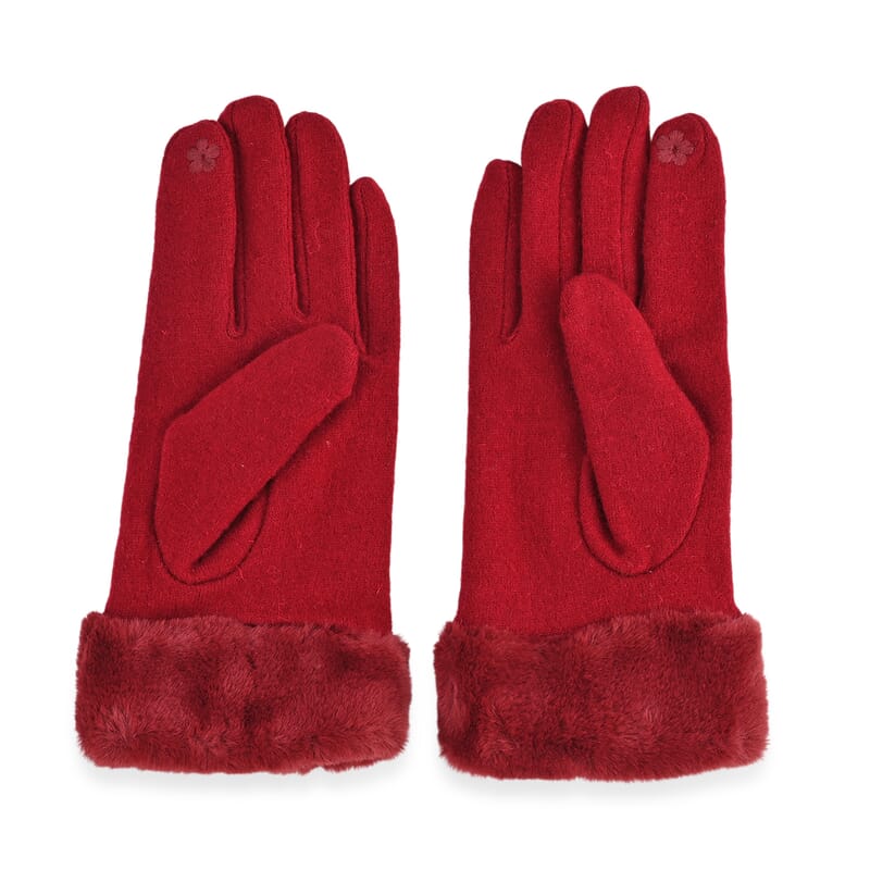 La Marey Wine Cashmere Wool Gloves with Fur Cuff and Two Finger Screen Touch