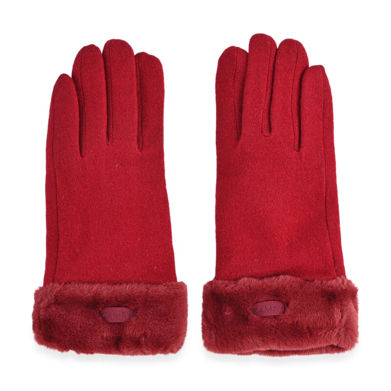 La Marey Wine Cashmere Wool Gloves with Fur Cuff and Two Finger Screen Touch