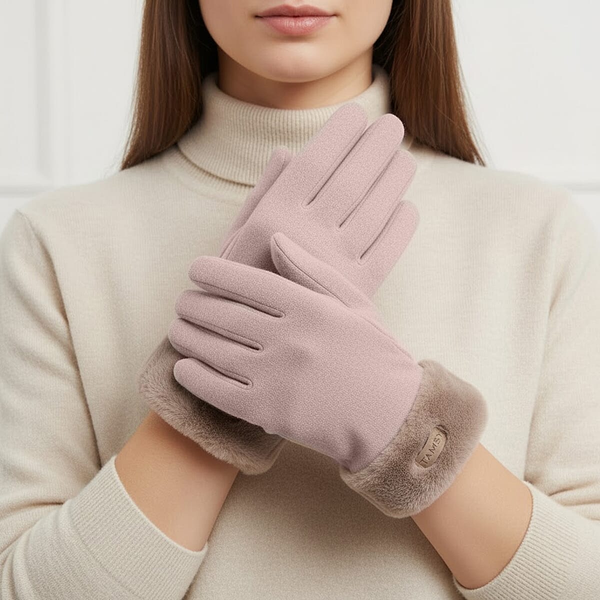 Doorbuster Tamsy Beige Cashmere Wool Gloves with Fur Cuff and Two Finger Screen Touch image number 0