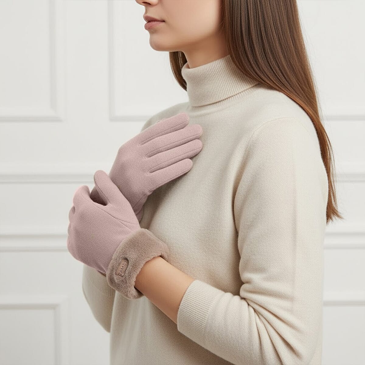 Doorbuster Tamsy Beige Cashmere Wool Gloves with Fur Cuff and Two Finger Screen Touch image number 1