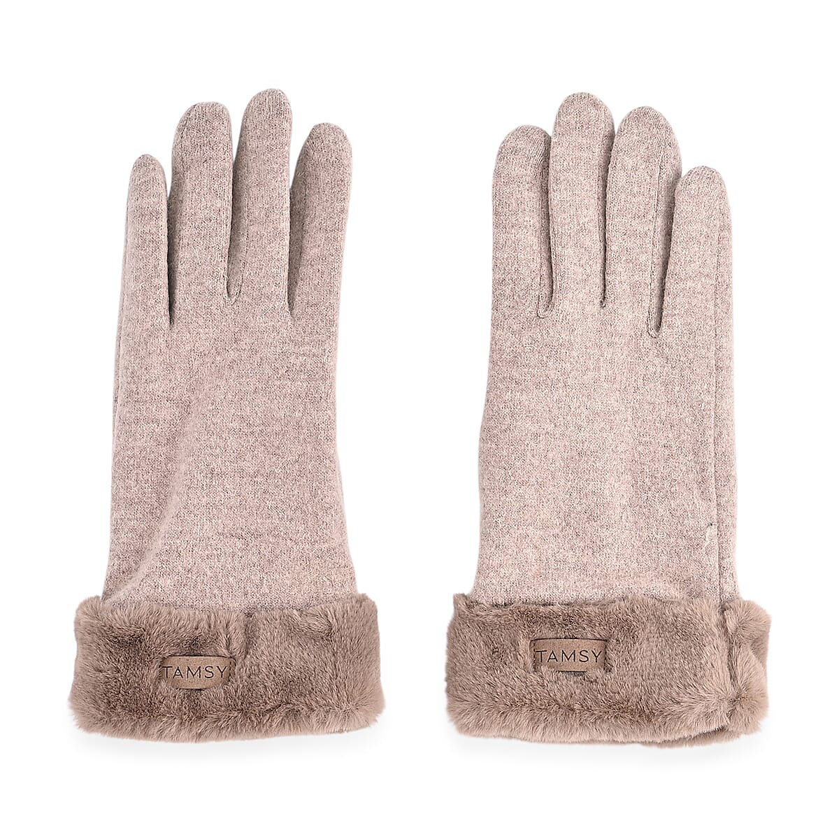 Doorbuster Tamsy Beige Cashmere Wool Gloves with Fur Cuff and Two Finger Screen Touch image number 3