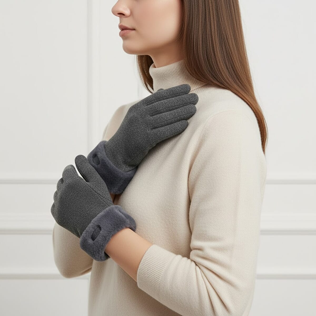 Doorbuster Tamsy Dark Grey Cashmere Wool Gloves with Fur Cuff and Two Finger Screen Touch image number 1