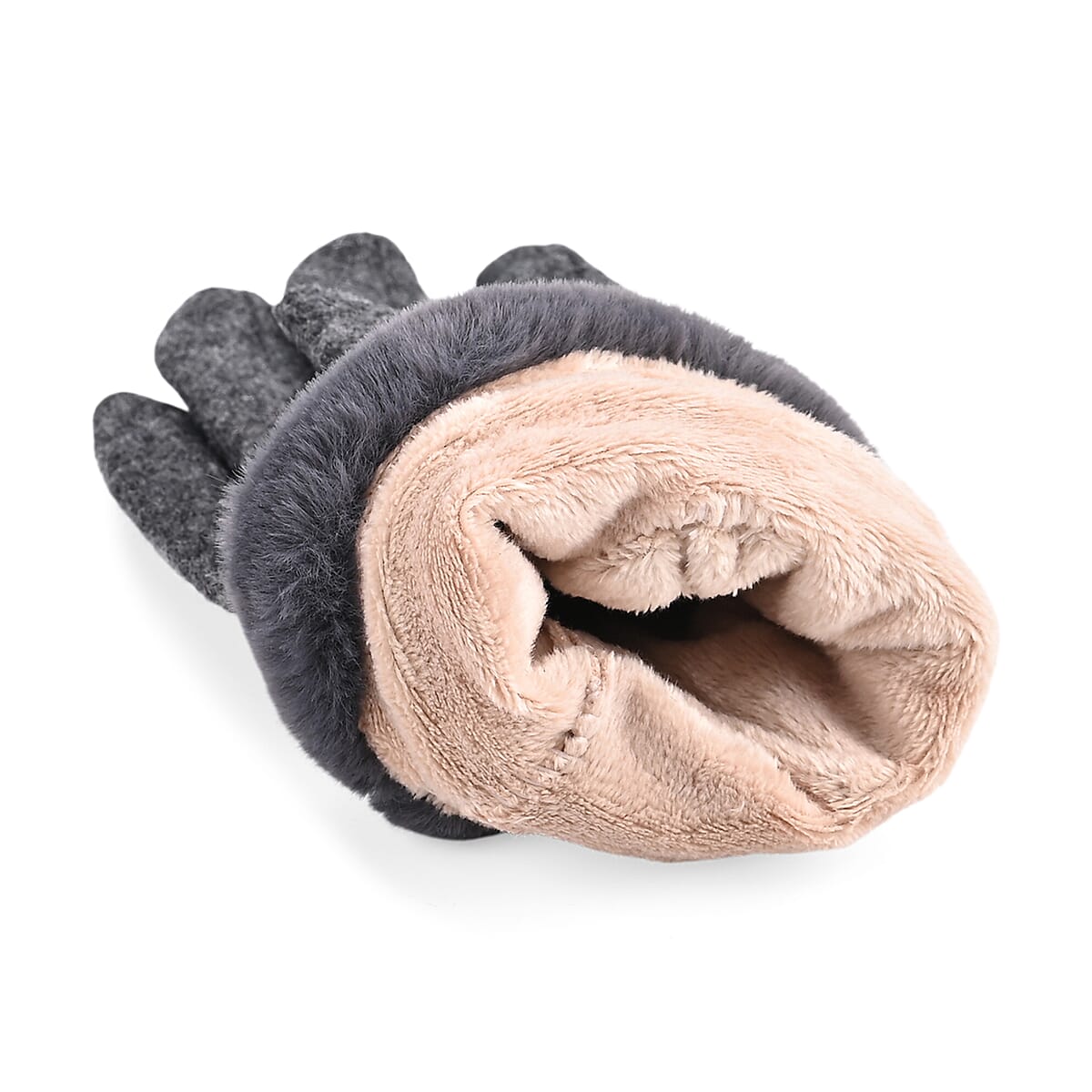 Doorbuster Tamsy Dark Grey Cashmere Wool Gloves with Fur Cuff and Two Finger Screen Touch image number 4