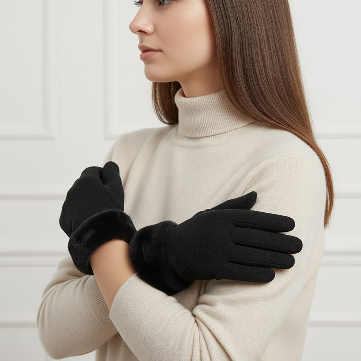 Doorbuster Tamsy Black Cashmere Wool Gloves with Fur Cuff and Two Finger Screen Touch image number 1