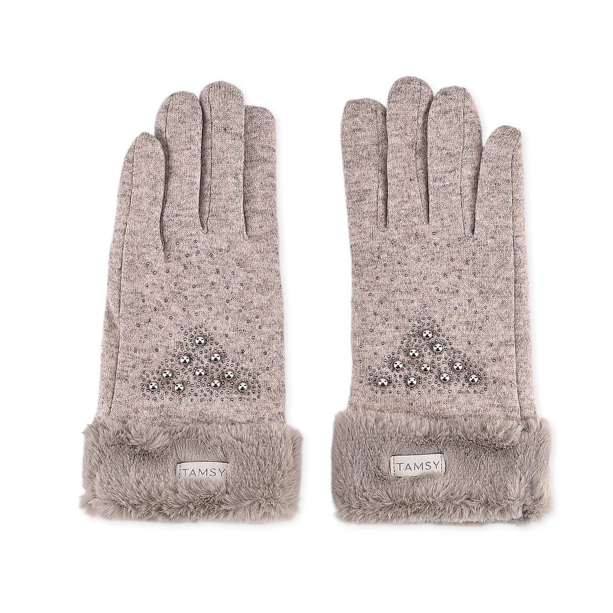 Tamsy Grey Cashmere Wool Gloves with Fur Cuff and 2 Finger Touchscreen image number 2