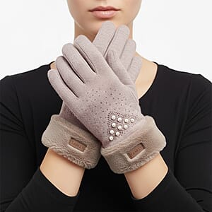 Tamsy Beige Cashmere Wool Gloves with Fur Cuff and 2 Finger Touchscreen