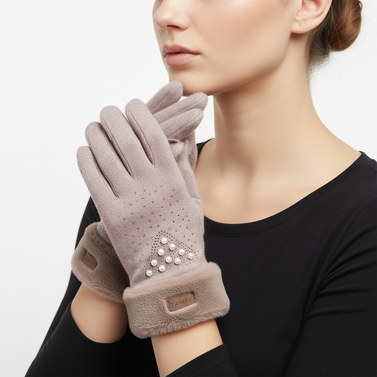 Tamsy Beige Cashmere Wool Gloves with Fur Cuff and 2 Finger Touchscreen image number 1