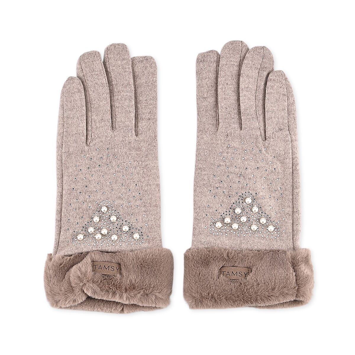 Tamsy Beige Cashmere Wool Gloves with Fur Cuff and 2 Finger Touchscreen image number 2