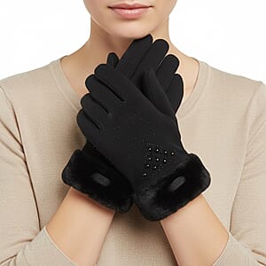 Tamsy Black Cashmere Wool Gloves with Fur Cuff and 2 Finger Touchscreen
