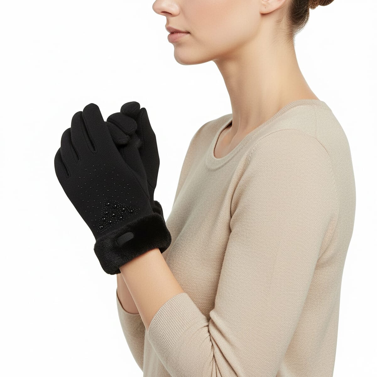 Tamsy Black Cashmere Wool Gloves with Fur Cuff and 2 Finger Touchscreen image number 1