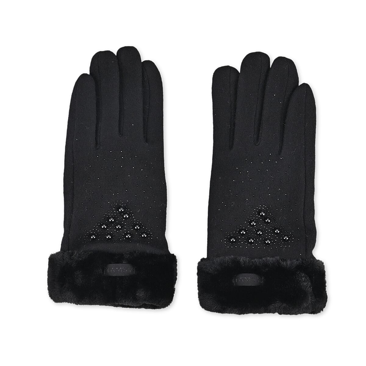 Tamsy Black Cashmere Wool Gloves with Fur Cuff and 2 Finger Touchscreen image number 2