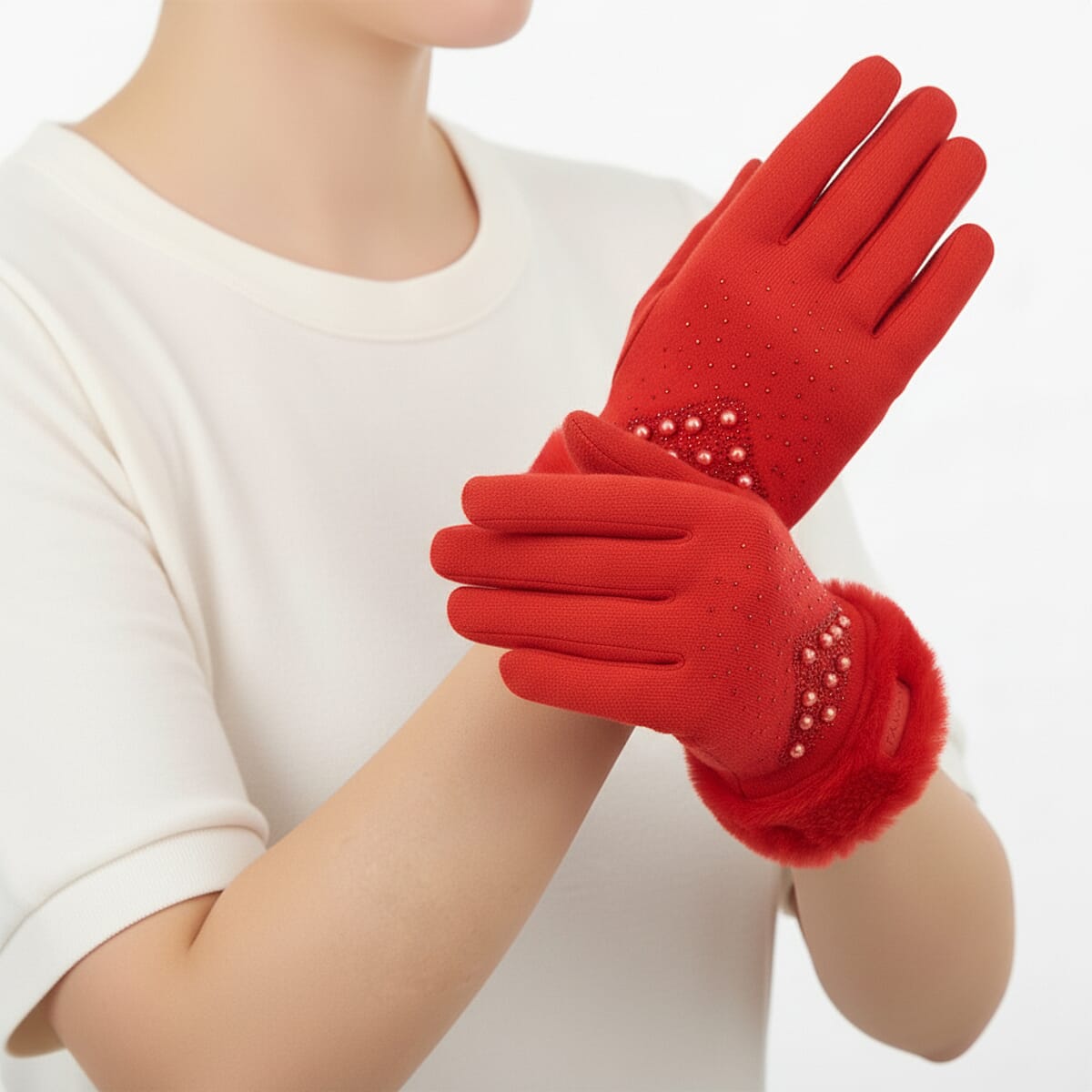 Tamsy Red Cashmere Wool Gloves with Fur Cuff and 2 Finger Touchscreen image number 1
