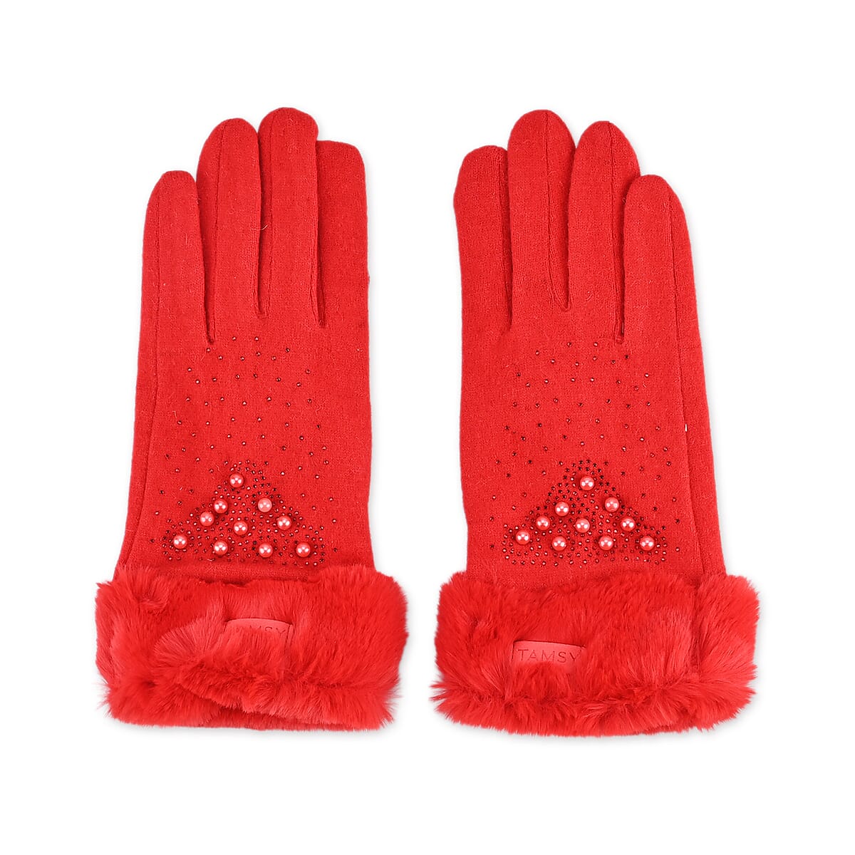 Tamsy Red Cashmere Wool Gloves with Fur Cuff and 2 Finger Touchscreen image number 2