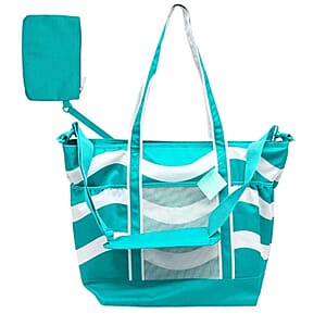 Primo Jumbo Insulated Beach Tote with Wet Pouch in Teal Wavy Lines Pattern