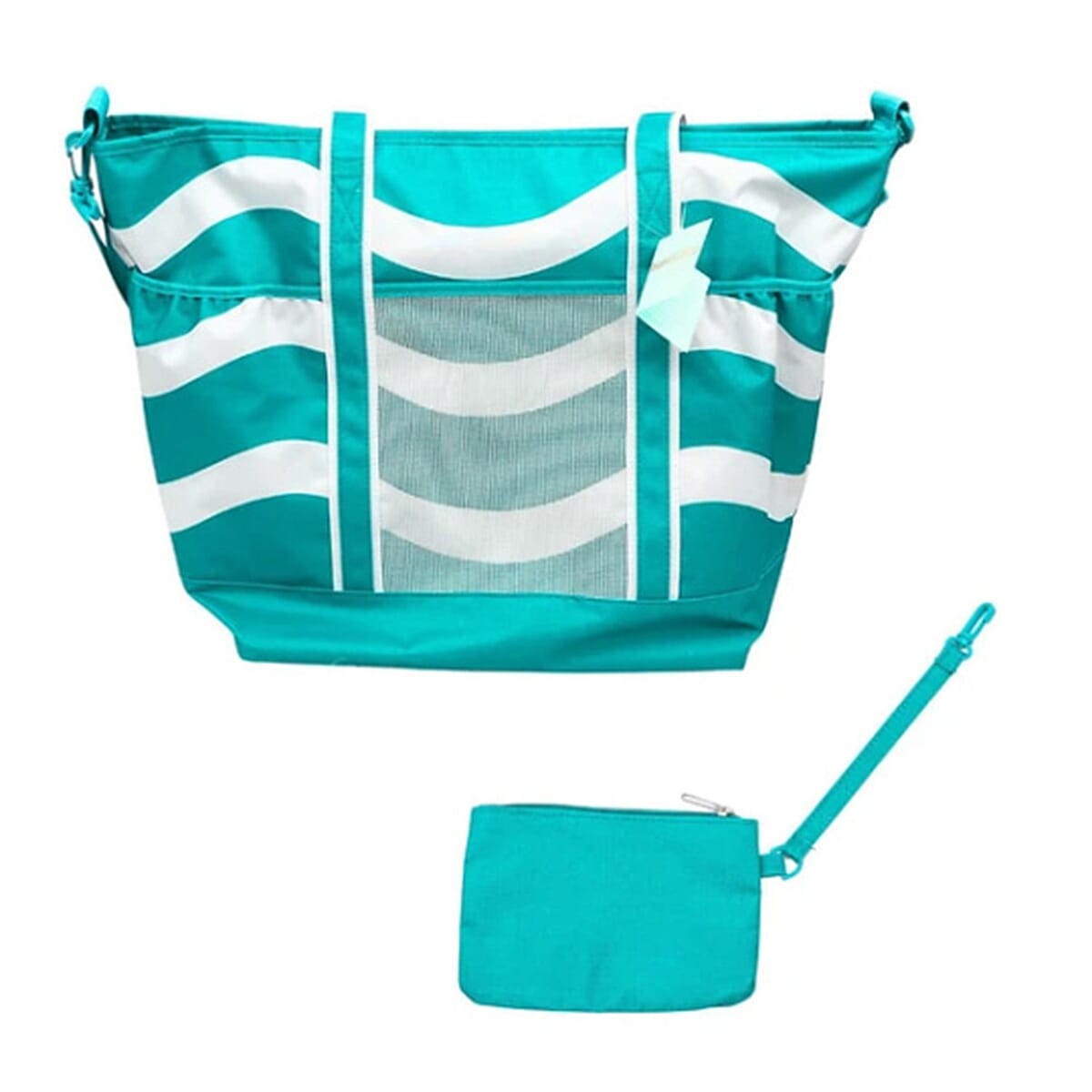Primo Jumbo Insulated Beach Tote with Wet Pouch in Teal Wavy Lines Pattern image number 1