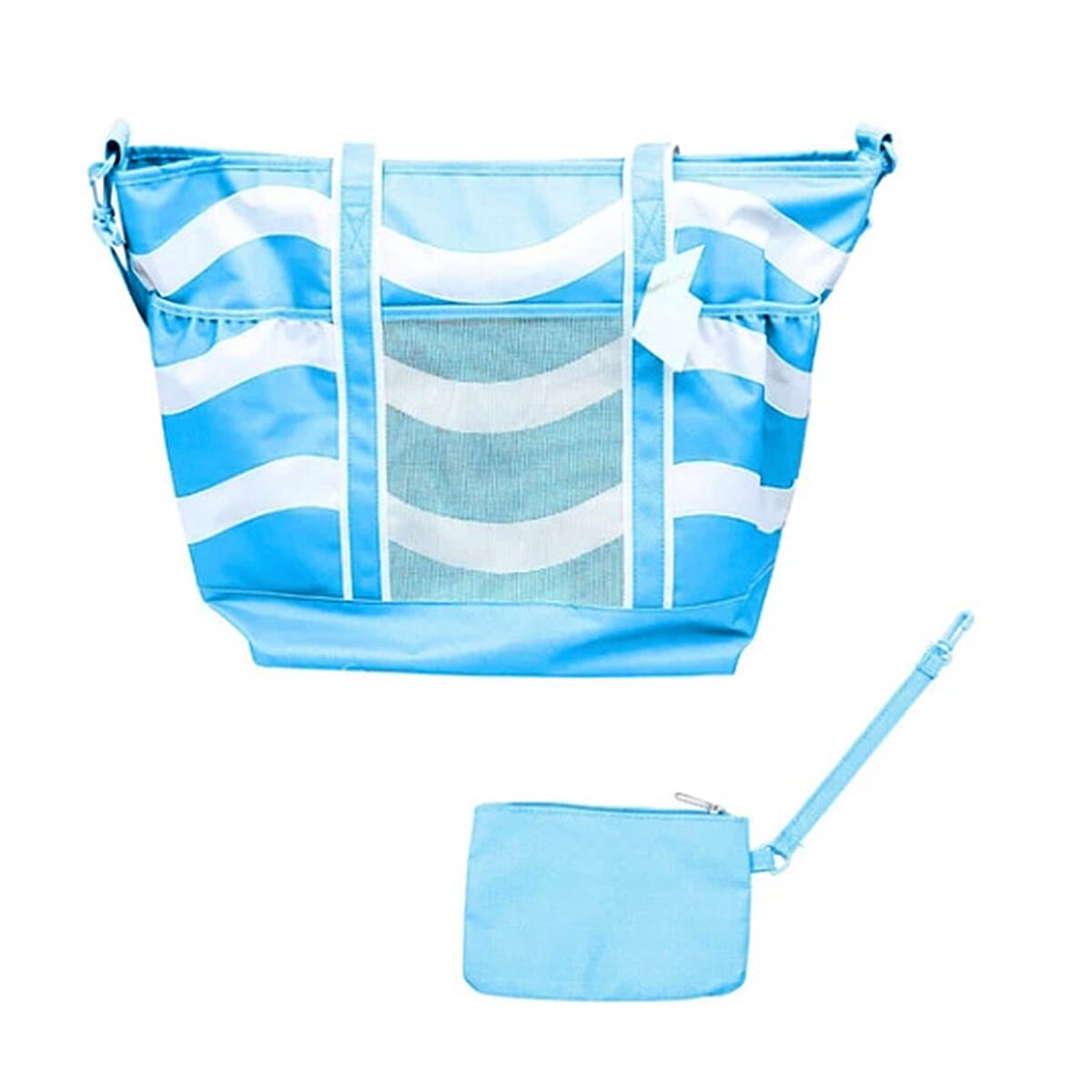 Primo Jumbo Insulated Beach Tote with Wet Pouch in Ocean Blue Wavy Lines Pattern image number 2
