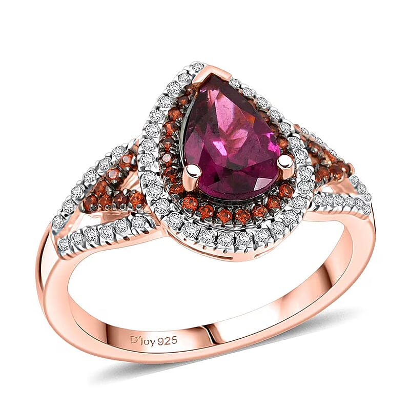 D'Joy AAA Radiant Ember Garnet, Multi Gemstone Ring in 18K Vermeil RG Over Sterling Silver (Size 10.0) 2.10 ctw