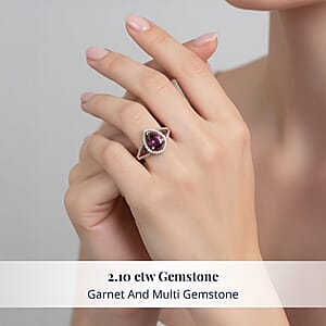 Certified & Appraised D'Joy AAA Radiant Ember Garnet, Multi Gemstone Ring in 18K Vermeil RG Over Sterling Silver (Size 8.0) 2.10 ctw