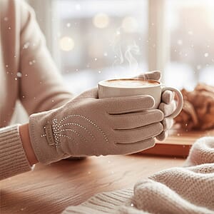 Doorbuster Tamsy Beige Cashmere Wool Gloves with 2 Fingers Screen Touch