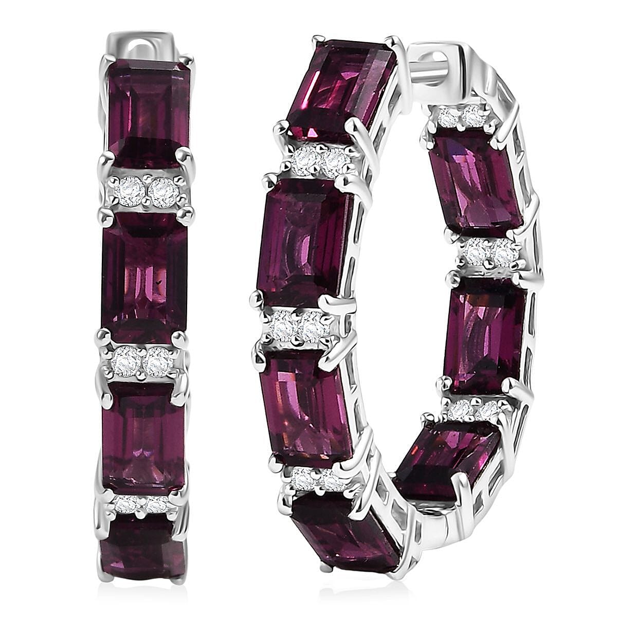 D'Joy Radiant Ember Garnet and White Zircon 10.40 ctw Hoop Earrings in Rhodium Over Sterling Silver image number 0