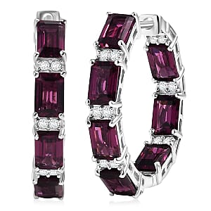 D'Joy Radiant Ember Garnet and White Zircon 10.40 ctw Hoop Earrings in Rhodium Over Sterling Silver
