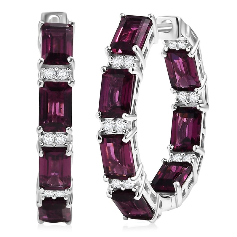 D'Joy Radiant Ember Garnet and White Zircon 10.40 ctw Hoop Earrings in Rhodium Over Sterling Silver