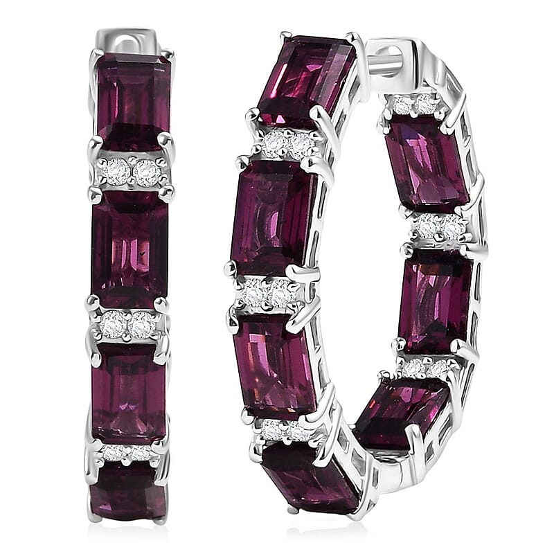 D'Joy Radiant Ember Garnet and White Zircon 10.40 ctw Hoop Earrings in Rhodium Over Sterling Silver