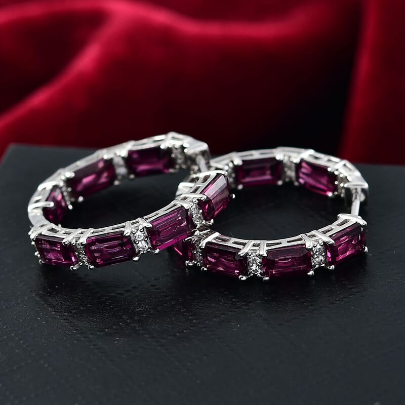 D'Joy Radiant Ember Garnet and White Zircon 10.40 ctw Hoop Earrings in Rhodium Over Sterling Silver