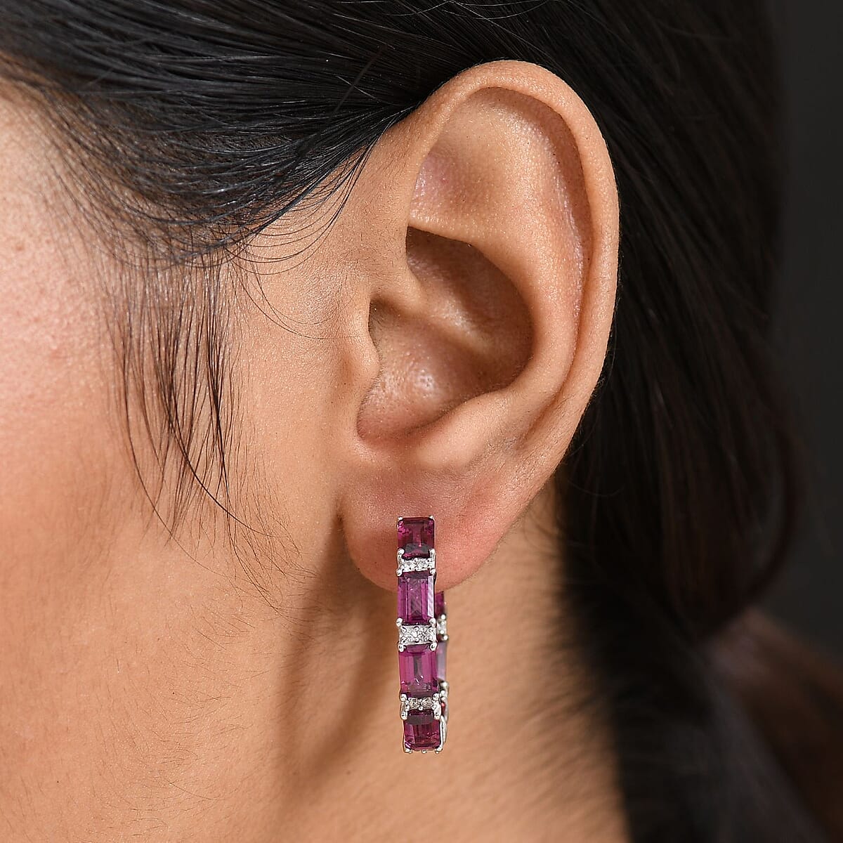 D'Joy Radiant Ember Garnet and White Zircon 10.40 ctw Hoop Earrings in Rhodium Over Sterling Silver image number 2