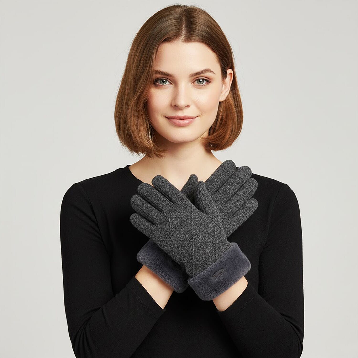  Tamsy Grey Cashmere Wool Gloves with 2 Fingers Screen Touch and Fur Cuff