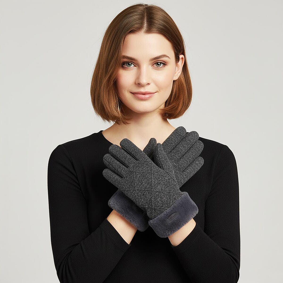 Doorbuster Tamsy Grey Cashmere Wool Gloves with 2 Fingers Screen Touch and Fur Cuff image number 0