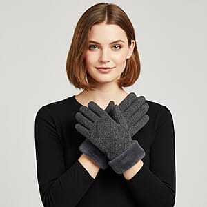 Doorbuster Tamsy Grey Cashmere Wool Gloves with 2 Fingers Screen Touch and Fur Cuff
