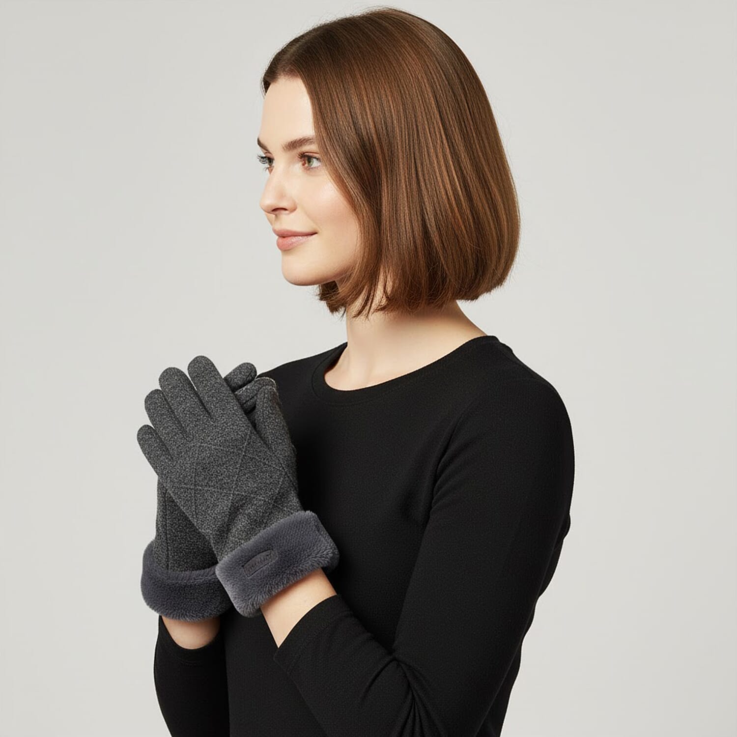  Tamsy Grey Cashmere Wool Gloves with 2 Fingers Screen Touch and Fur Cuff