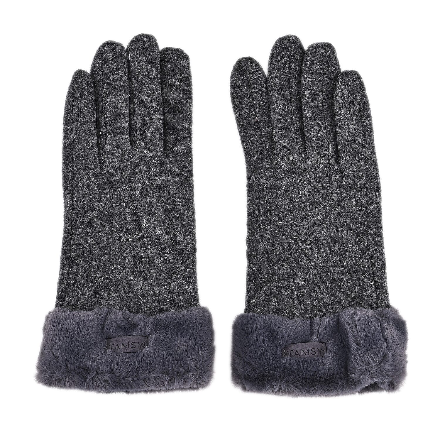  Tamsy Grey Cashmere Wool Gloves with 2 Fingers Screen Touch and Fur Cuff