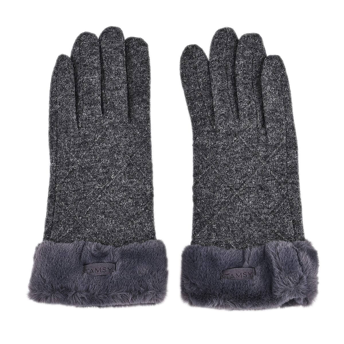 Doorbuster Tamsy Grey Cashmere Wool Gloves with 2 Fingers Screen Touch and Fur Cuff image number 2