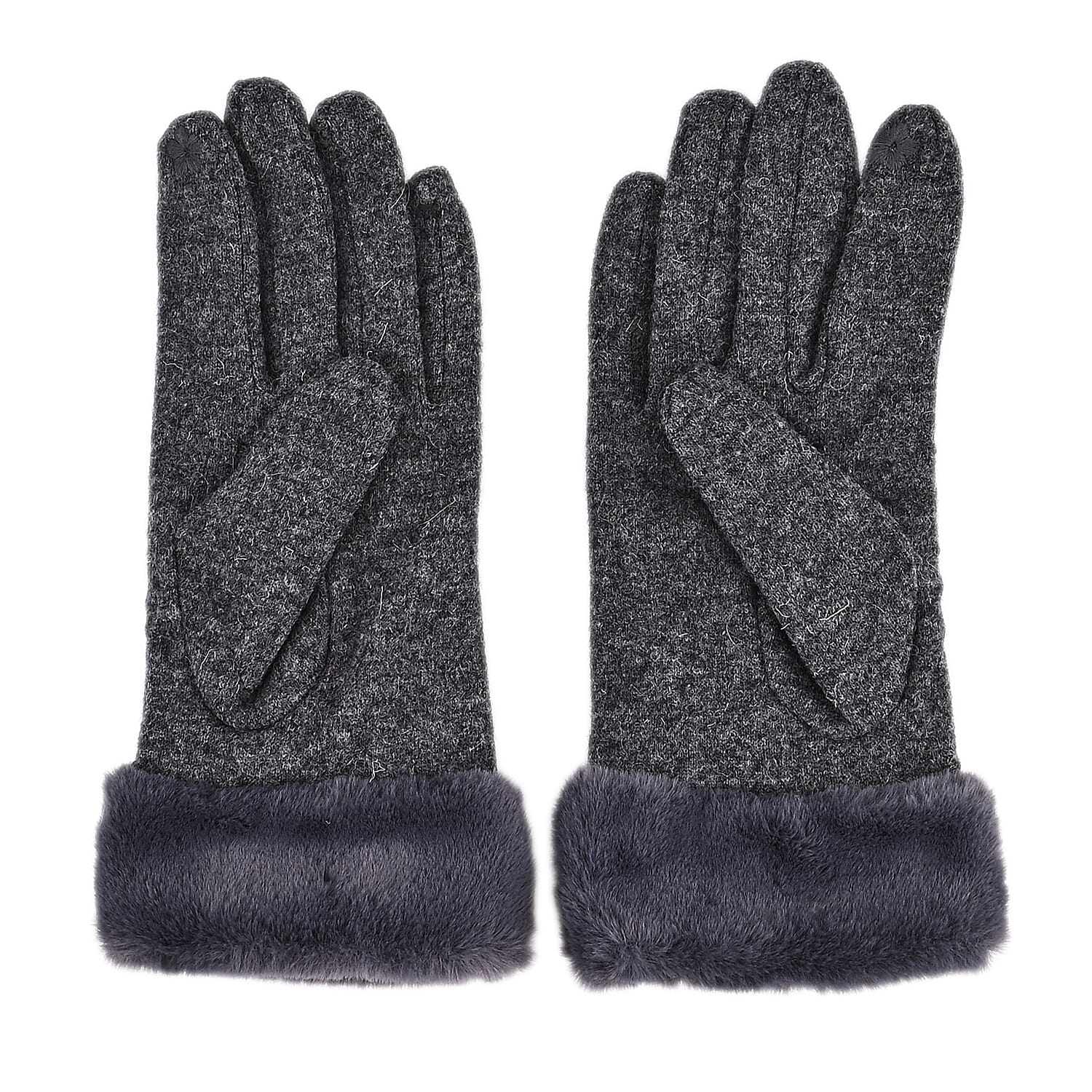  Tamsy Grey Cashmere Wool Gloves with 2 Fingers Screen Touch and Fur Cuff