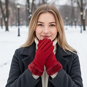 Doorbuster Tamsy Wine Cashmere Wool Gloves with 2 Fingers Screen Touch and Fur Cuff