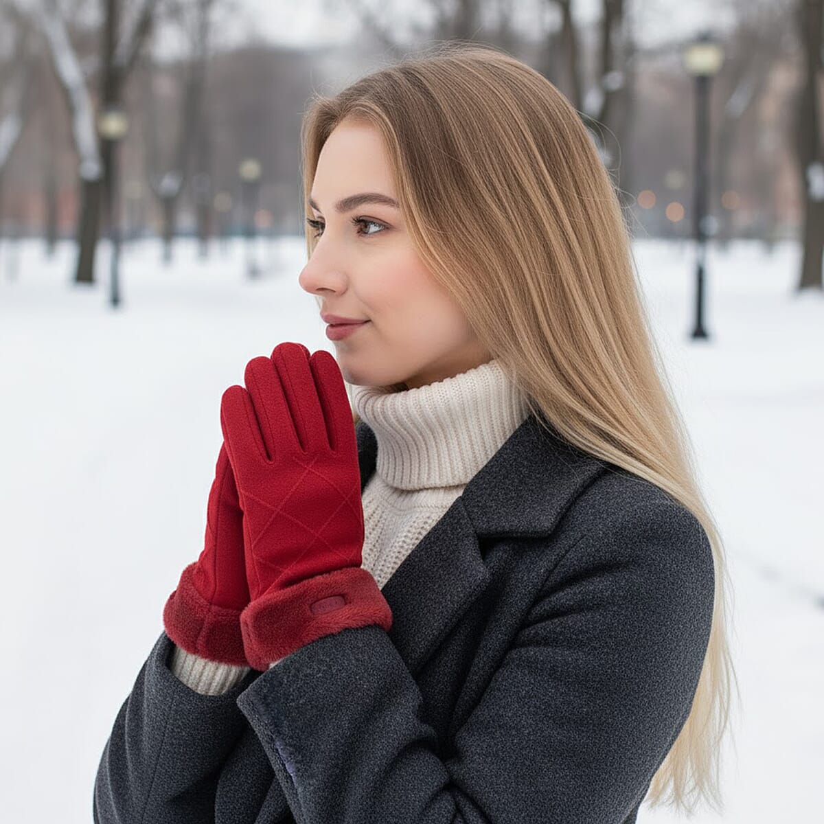 Doorbuster Tamsy Wine Cashmere Wool Gloves with 2 Fingers Screen Touch and Fur Cuff image number 1