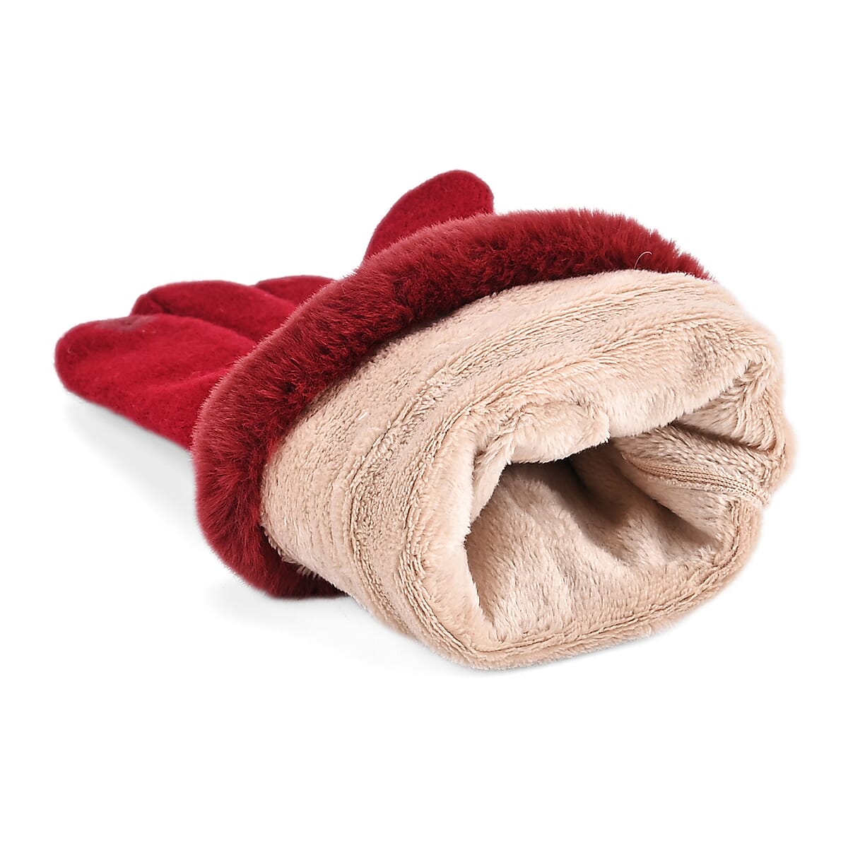 Doorbuster Tamsy Wine Cashmere Wool Gloves with 2 Fingers Screen Touch and Fur Cuff image number 4