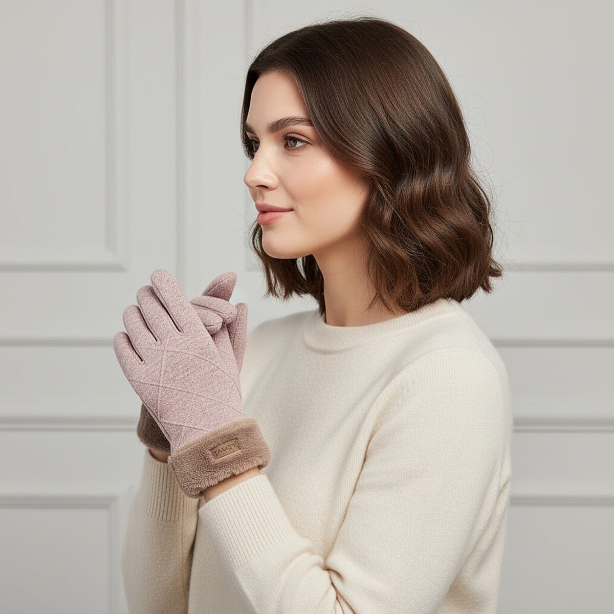 Doorbuster Tamsy Beige Cashmere Wool Gloves with 2 Fingers Screen Touch and Fur Cuff image number 1