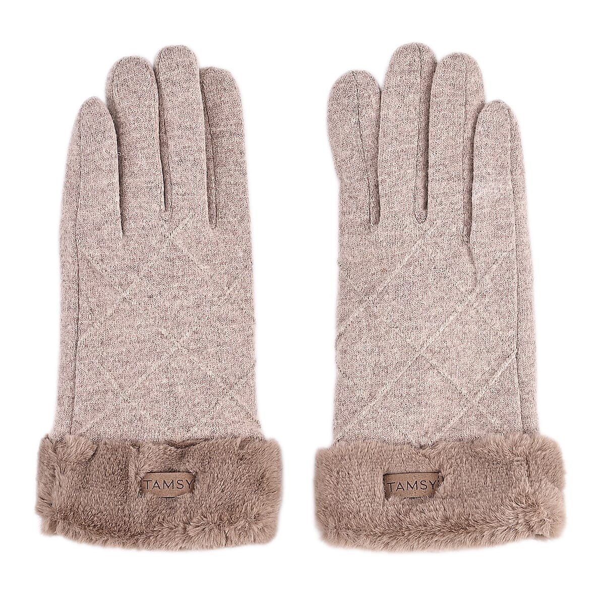 Doorbuster Tamsy Beige Cashmere Wool Gloves with 2 Fingers Screen Touch and Fur Cuff image number 2